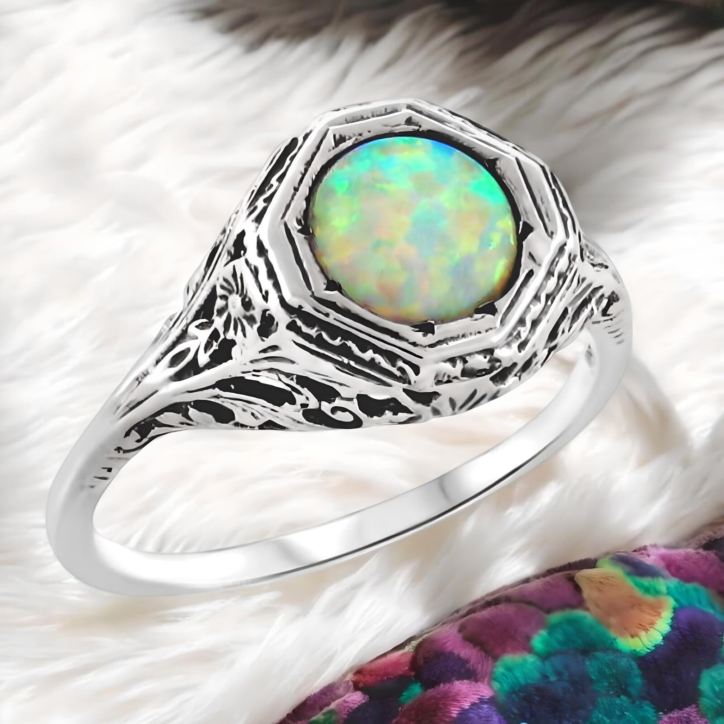 VINTAGE STYLE 925 STERLING SILVER SOLITAIRE LAB-CREATED OPAL FILIGREE RING #432