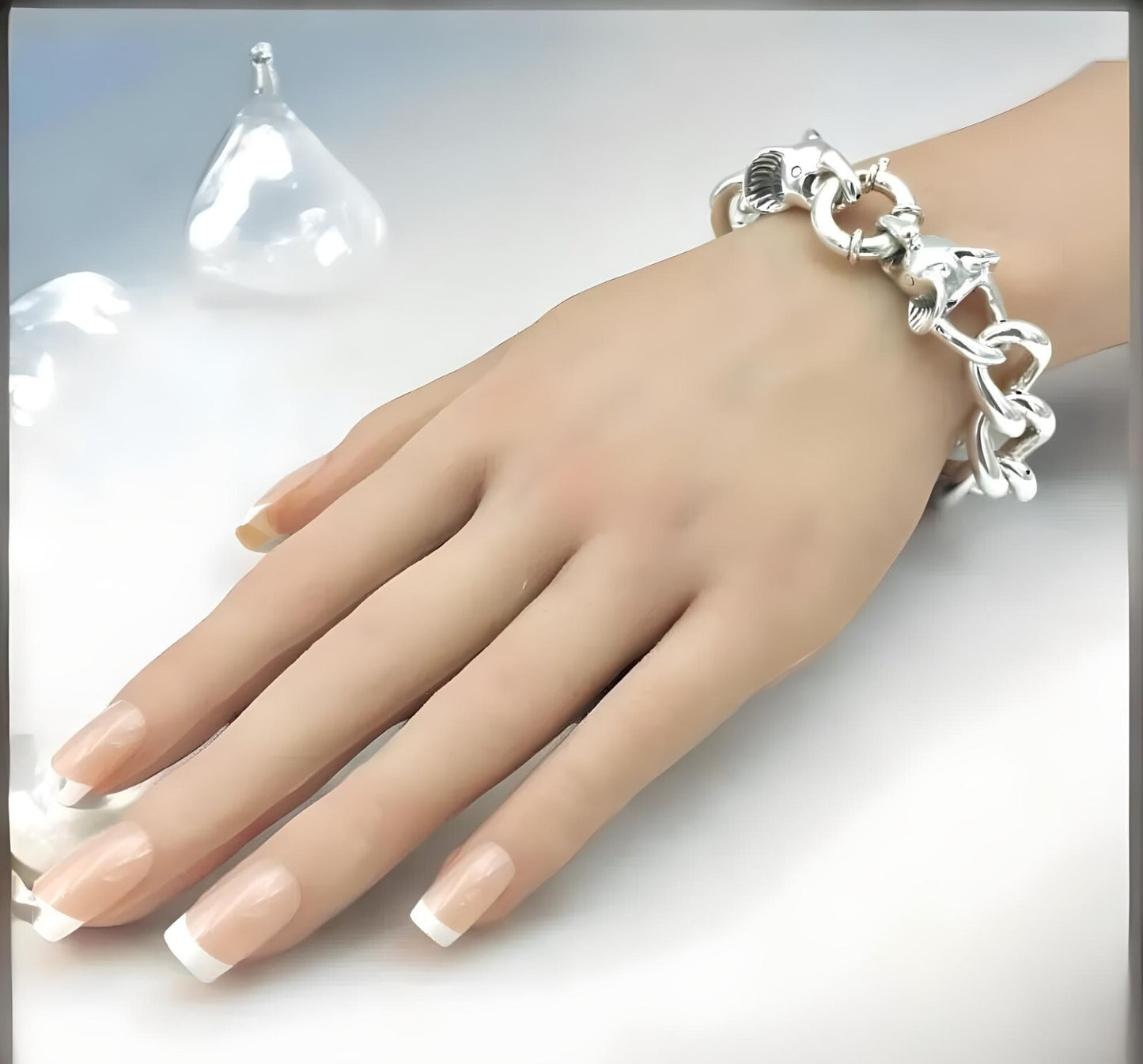 925 Sterling Silver Elephant Link Bracelet - Chic 8" Lightweight Curb Chain 1530