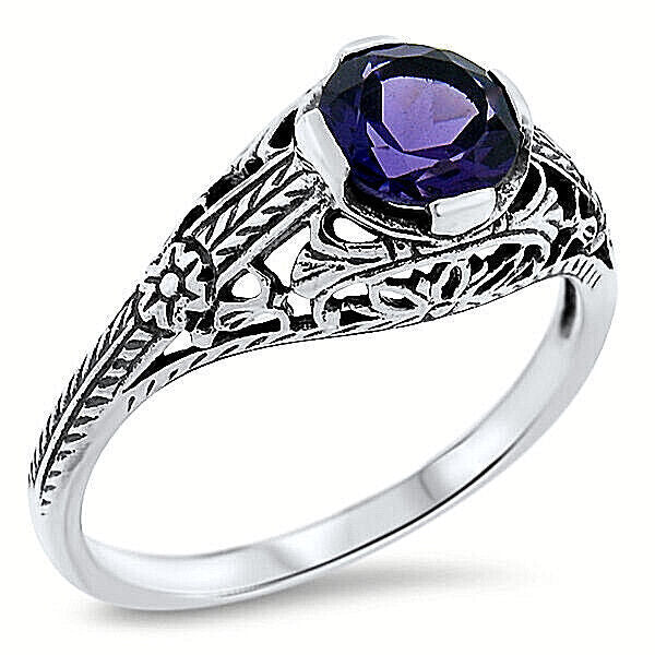 GENUINE AMETHYST 925 STERLING SILVER DECO ANTIQUE STYLE SOLITAIRE RING #570