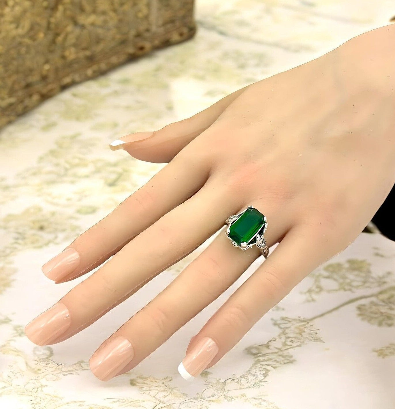 VINTAGE STYLE 925 STERLING SILVER SIMULATED EMERALD & CZ FILIGREE RING 1363