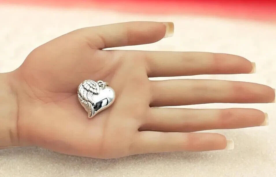 925 Sterling Silver Cherished Heart with Angel Wings Pendant Lightweight 1234