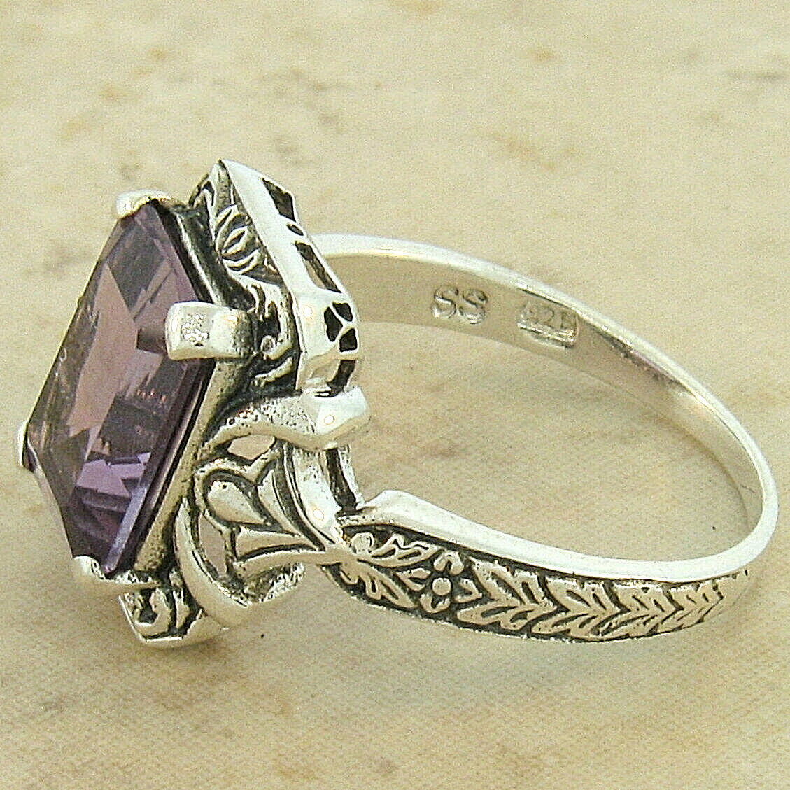 GENUINE AMETHYST 925 STERLING SILVER SOLITAIRE ANTIQUE STYLE FILIGREE RING #195