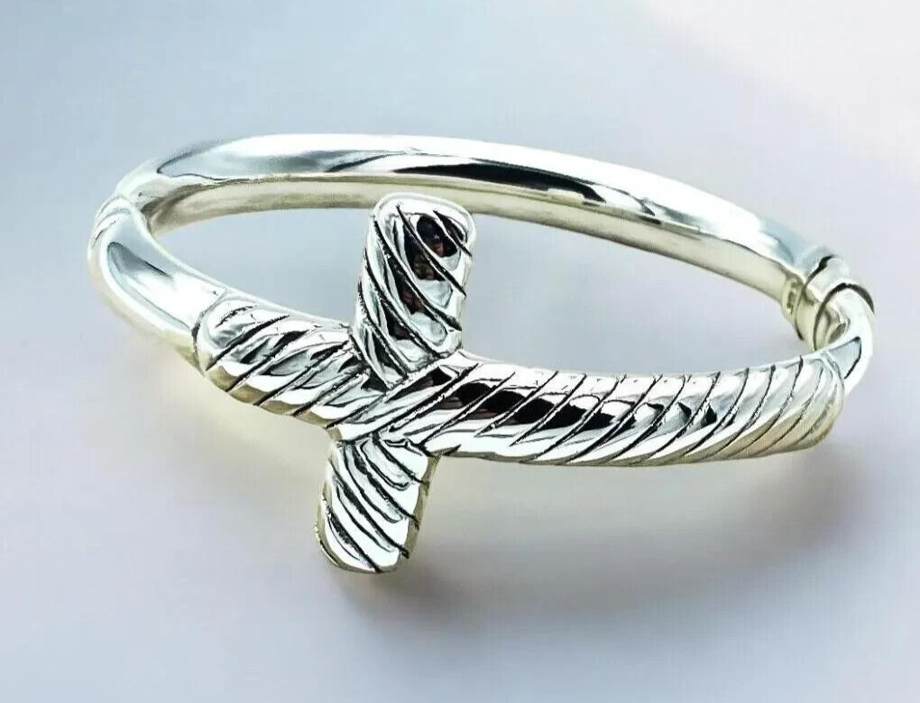 925 Sterling Silver Cross Bangle - 7 " Lightweight Twisted Design Bracelet 1381