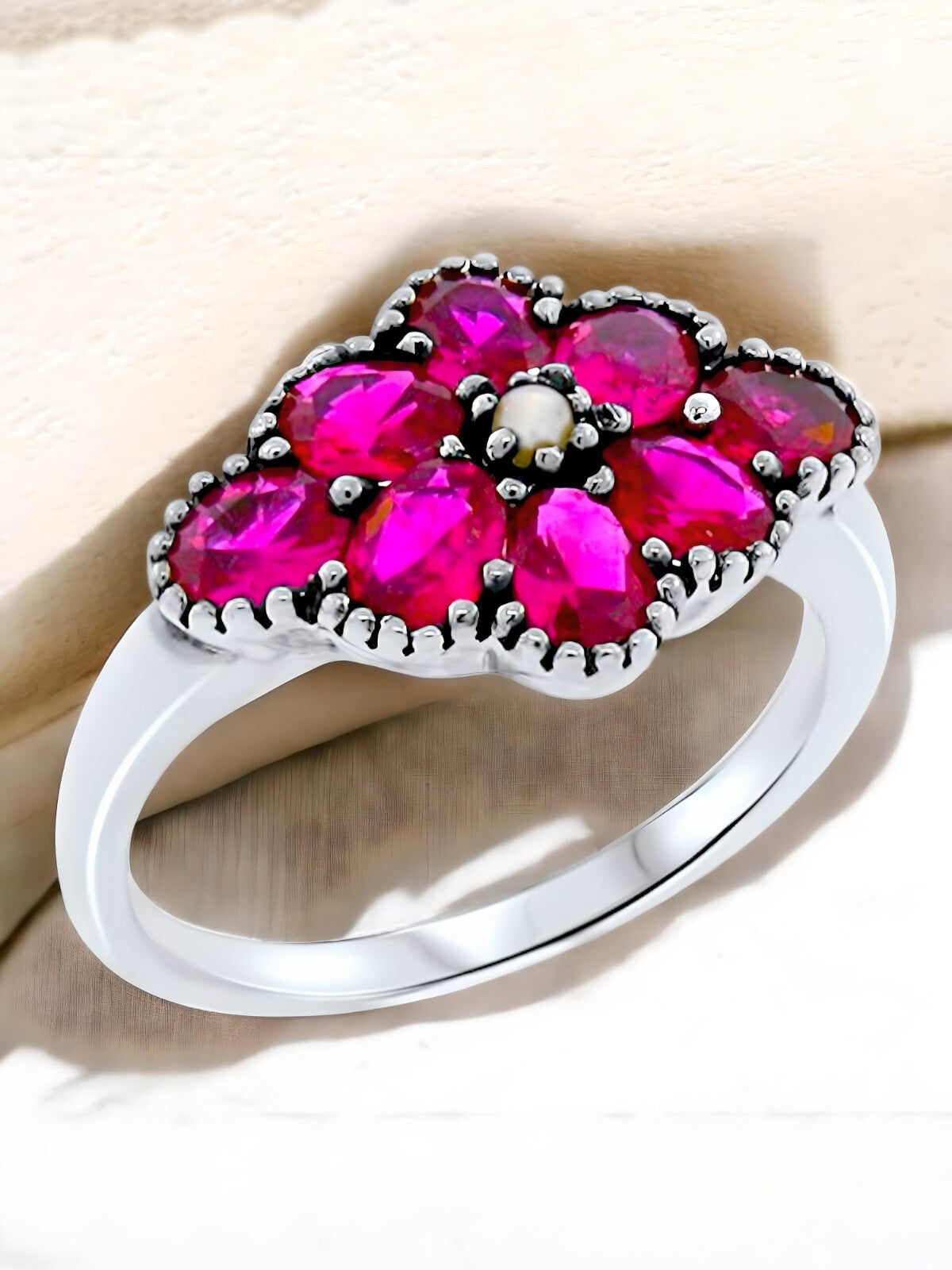 VINTAGE STYLE 925 STERLING SILVER LAB-CREATED RUBY & PEARL FLOWER RING #446