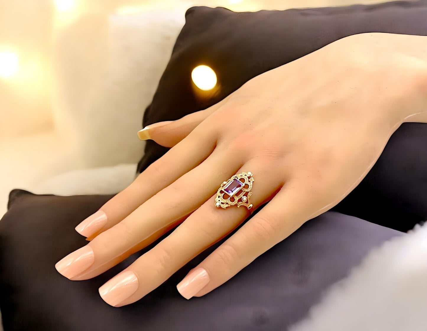 VINTAGE STYLE GENUINE AMETHYST & PEARL ROSE GOLD OVERLAY 925 SILVER RING #830