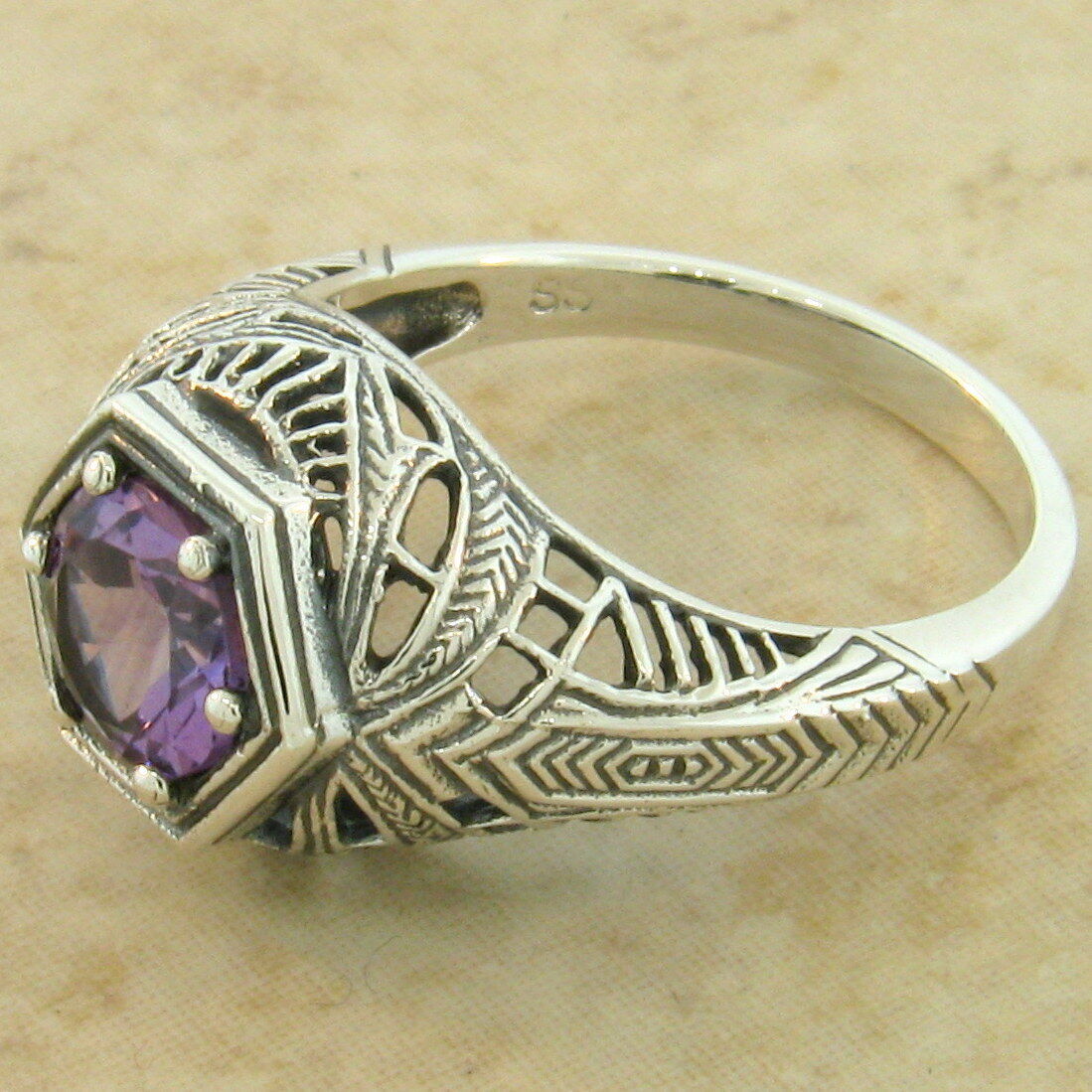GENUINE AMETHYST 925 STERLING SILVER ART DECO STYLE SOLITAIRE RING #1109