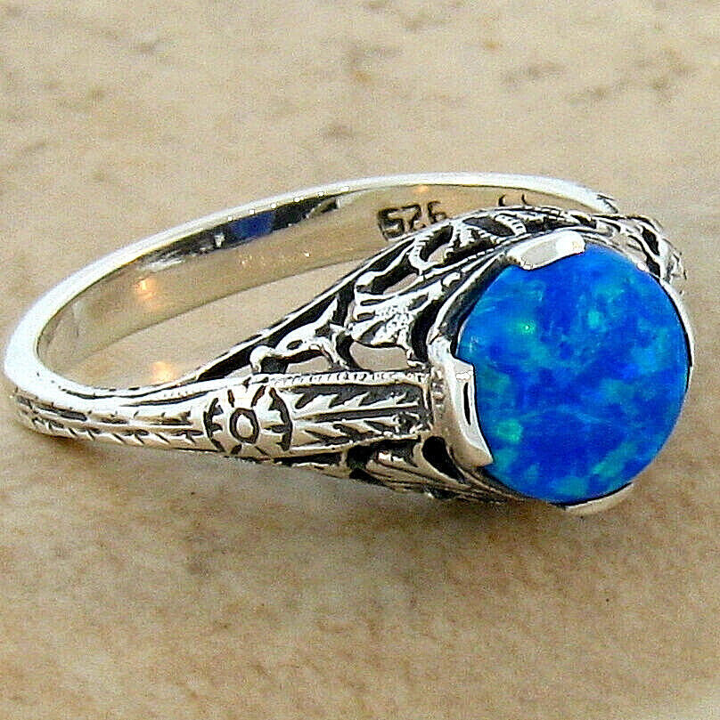 925 STERLING SILVER ART DECO STYLE LAB-CREATED BLUE FIRE OPAL FILIGREE RING #115
