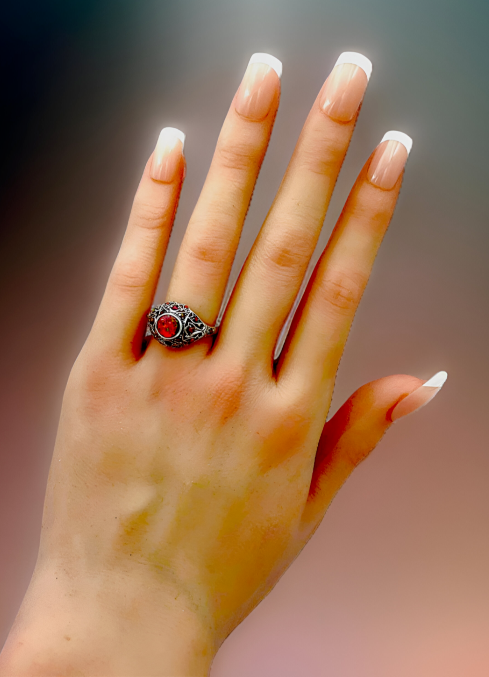 925 STERLING SILVER ANTIQUE STYLE LAB-CREATED RED FIRE OPAL FILIGREE RING #027