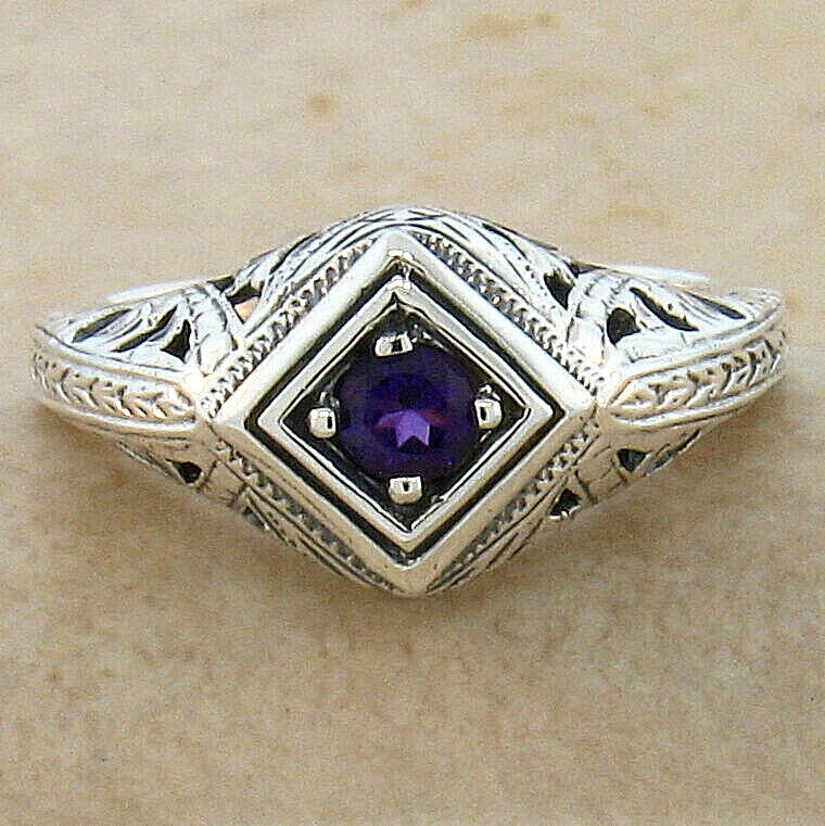 GENUINE AMETHYST 925 STERLING SILVER DECO ANTIQUE STYLE FILIGREE RING #515