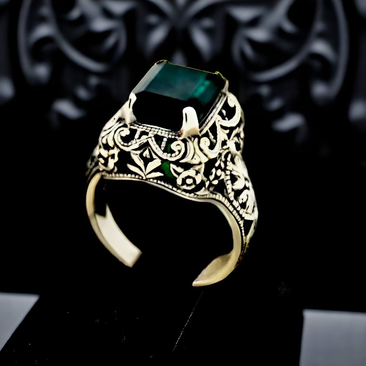 925 STERLING SILVER ART DECO STYLE SIMULATED EMERALD FILIGREE RING #528