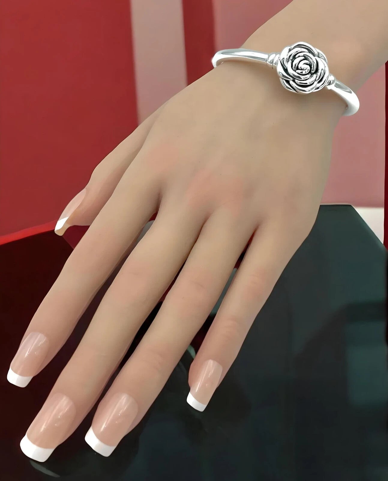 6.75" ROSE BANGLE BRACELET 925 STERLING SILVER LIGHTWEIGHT SPRING HINGED 1521