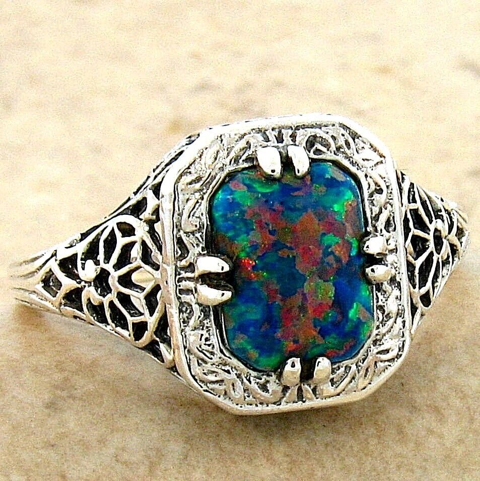 VINTAGE STYLE 925 STERLING SILVER LAB-CREATED BLACK OPAL FILIGREE RING #686