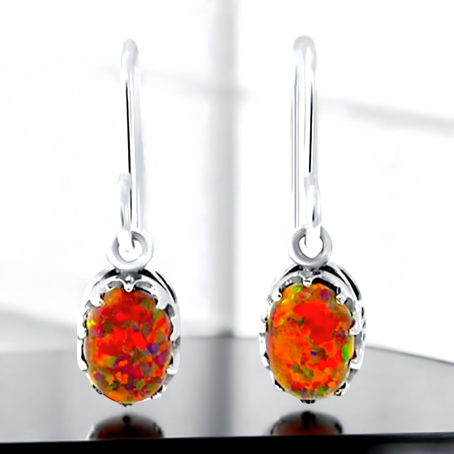 VINTAGE STYLE RED LAB CREATED FIRE OPAL 925 STERLING SILVER DANGLE EARRINGS 410