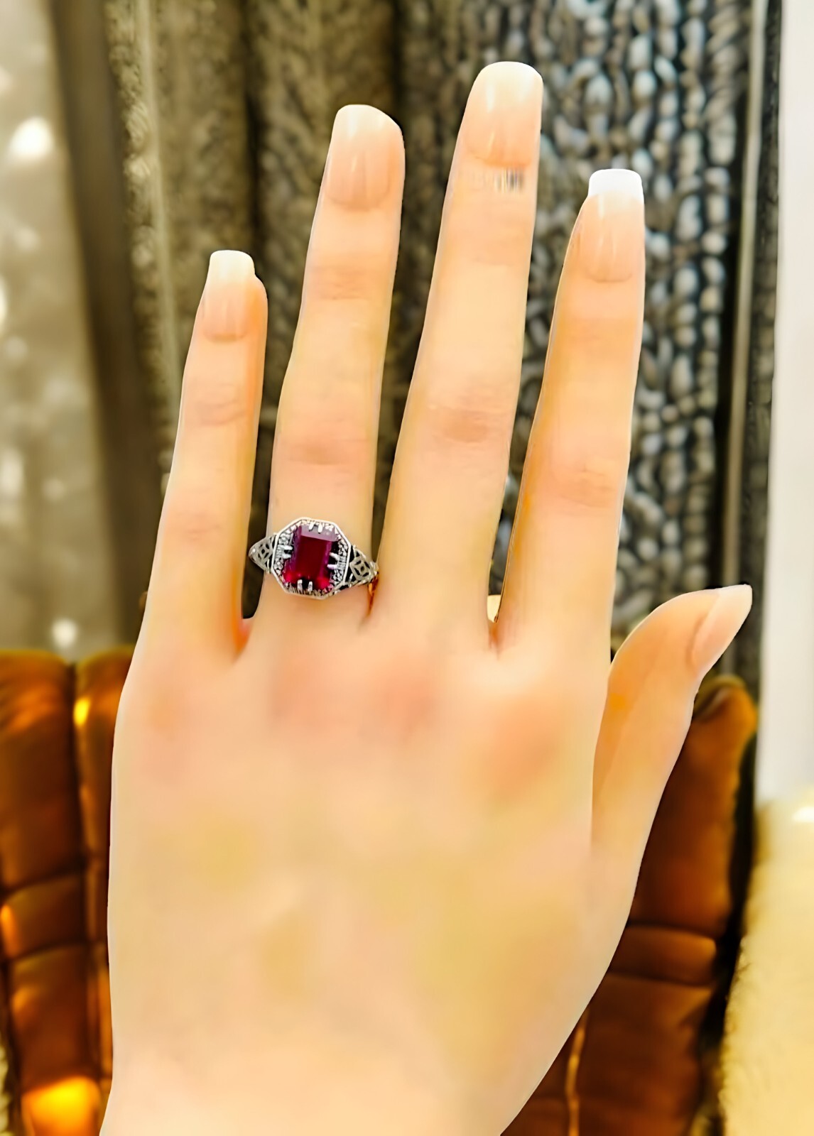 VIVID RED SIMULATED RUBY ANTIQUE STYLE 925 STERLING SILVER FILIGREE RING #1350
