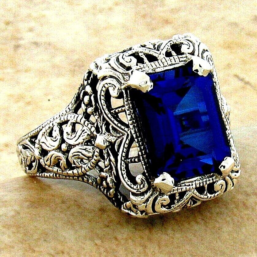925 STERLING SILVER 4 Ct LAB-CREATED SAPPHIRE ART DECO STYLE FILIGREE RING #074
