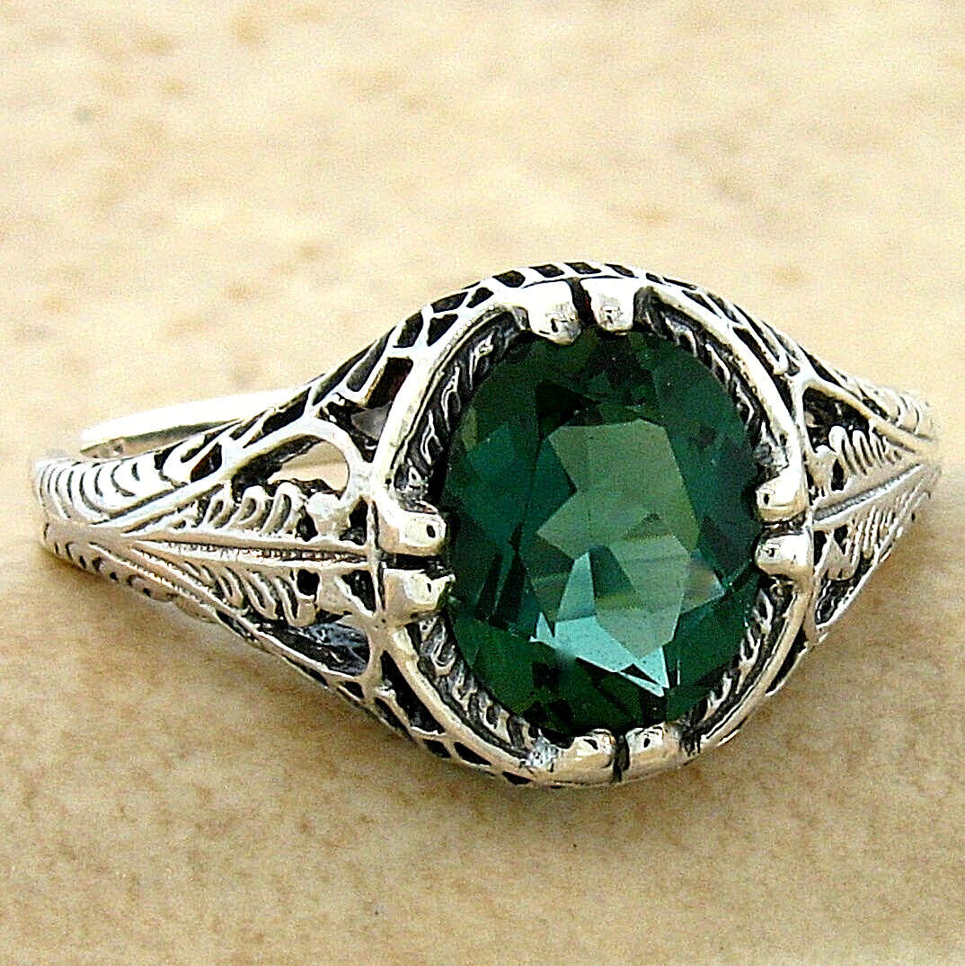 VINTAGE STYLE 925 STERLING SILVER SIMULATED 1.60 CT EMERALD FILIGREE RING #770