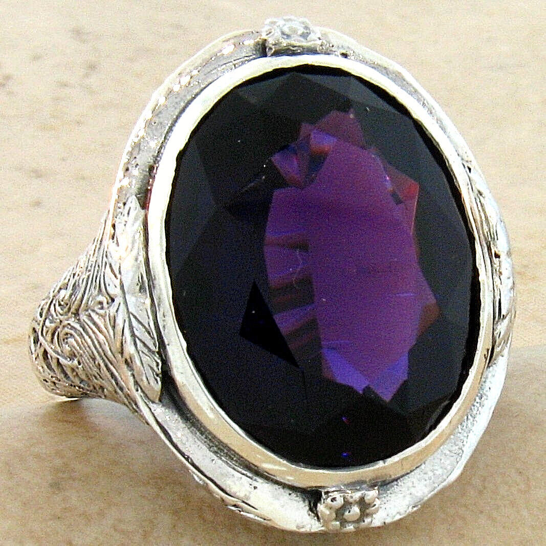 925 STERLING SILVER ANTIQUE STYLE LAB-CREATED 13 CT AMETHYST RING CHUNKY #578