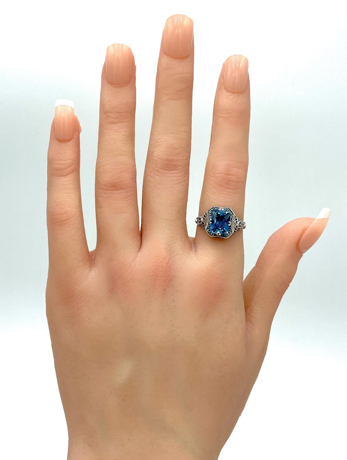 925 STERLING SILVER FILIGREE RING ANTIQUE DESIGN SIMULATED AQUAMARINE #1311