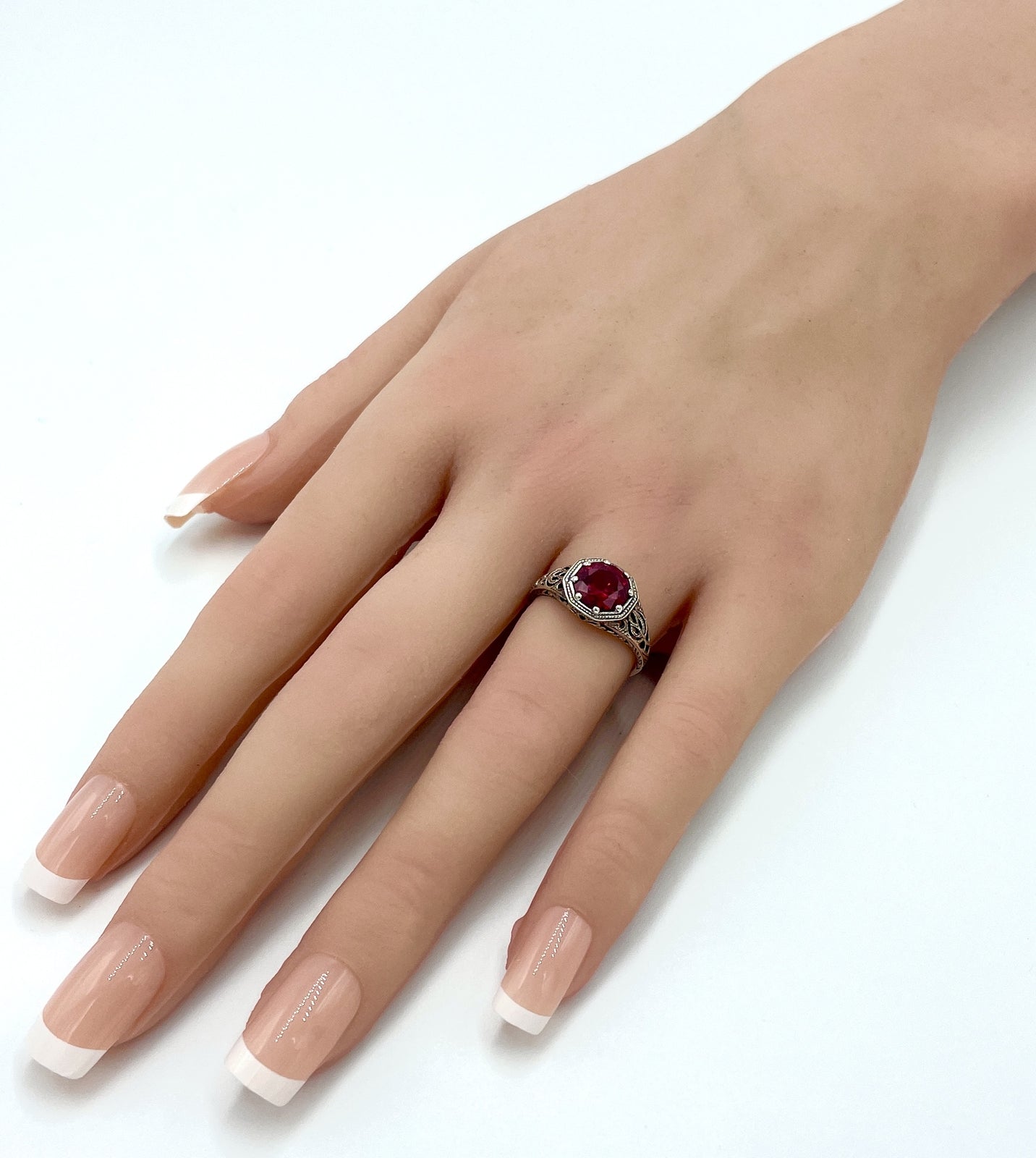 WEDDING ENGAGEMENT 925 STERLING SILVER FILIGREE LAB-CREATED RUBY RING #1276