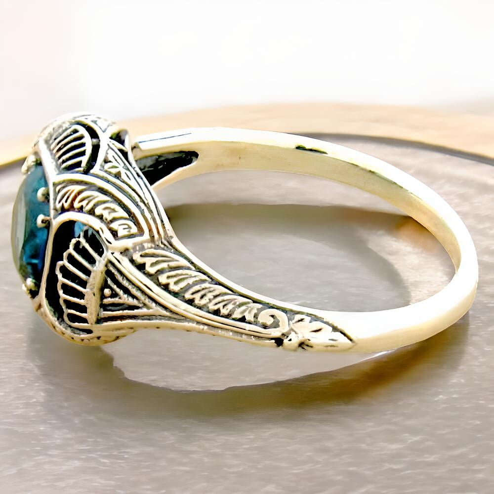 VINTAGE STYLE GENUINE LONDON BLUE TOPAZ 925 STERLING SILVER DECO RING #489