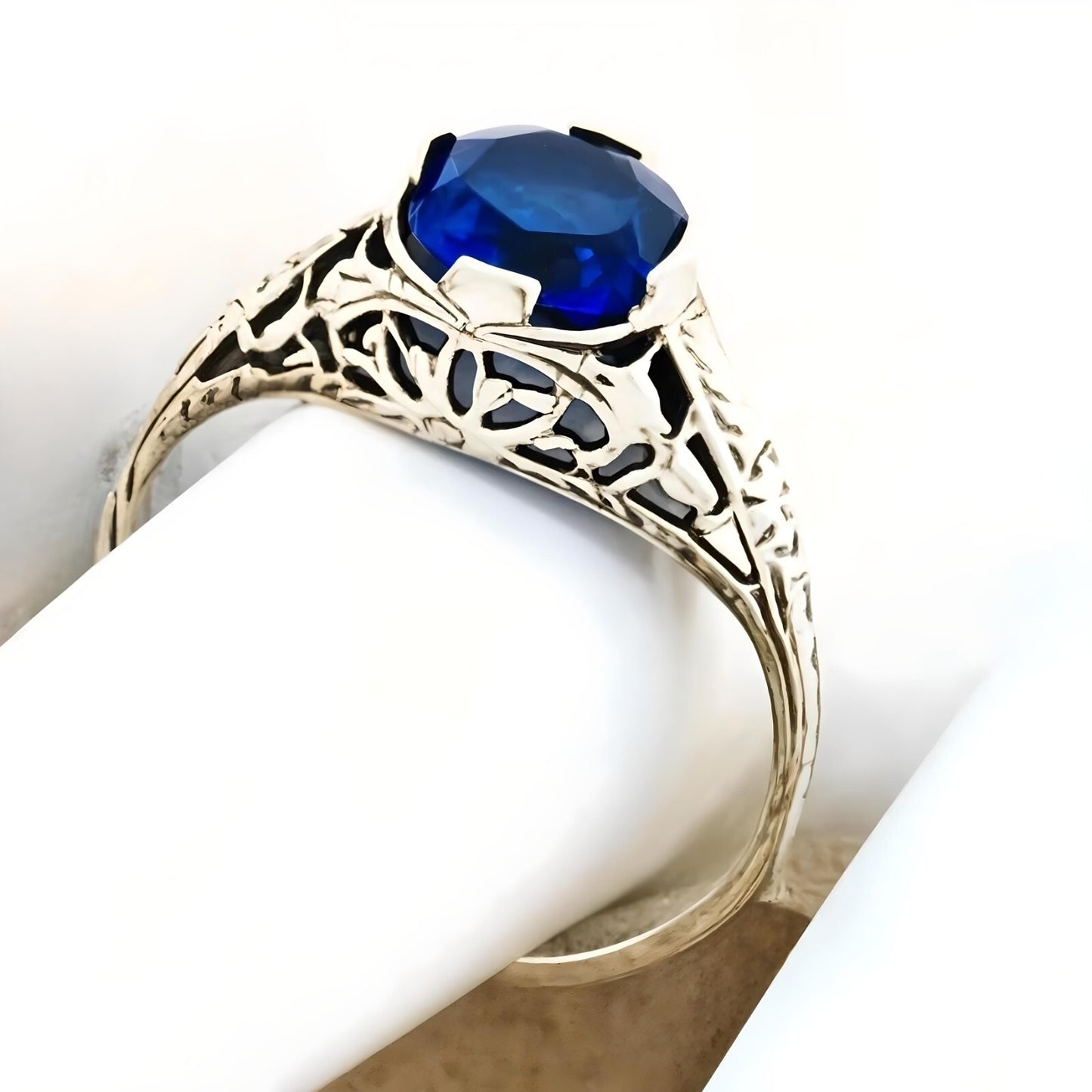 925 STERLING SILVER ART DECO STYLE 2 Ct BLUE LAB-CREATED SAPPHIRE RING #156
