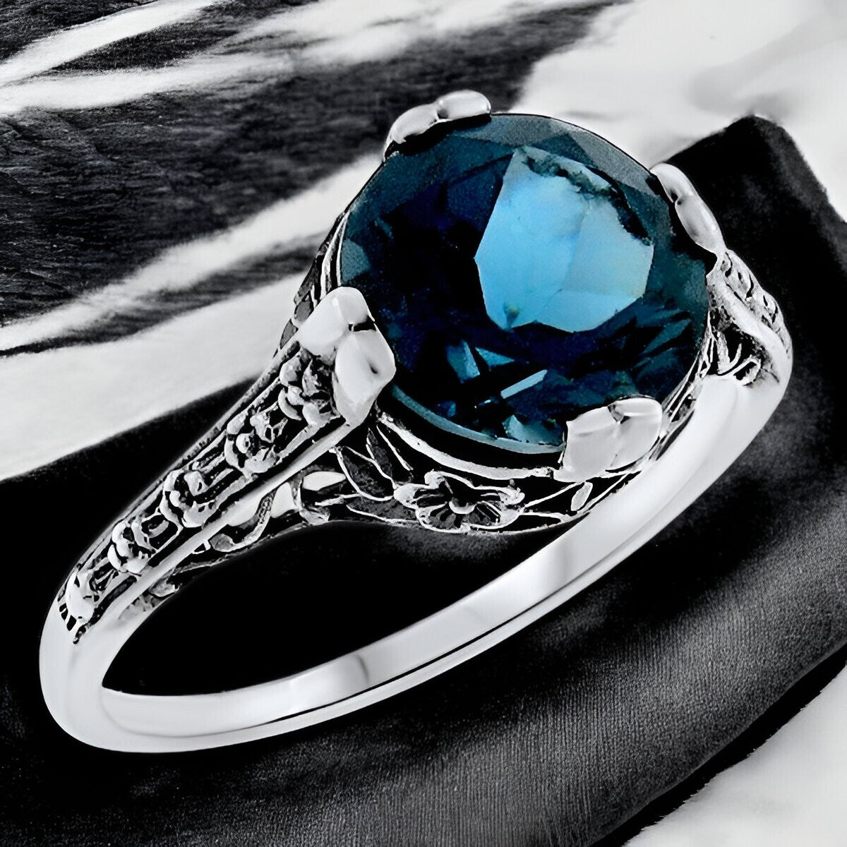 3.50 CT. GENUINE LONDON BLUE TOPAZ 925 STERLING SILVER ART DECO STYLE RING #556