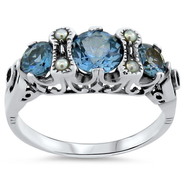 VICTORIAN STYLE 925 STERLING SILVER SIMULATED AQUAMARINE PEARL RING #187