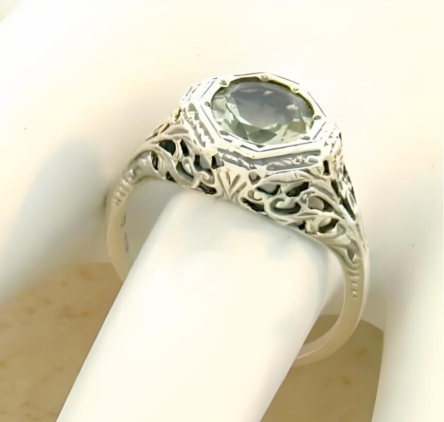VINTAGE STYLE GENUINE GREEN AMETHYST 925 STERLING SILVER FILIGREE RING #192