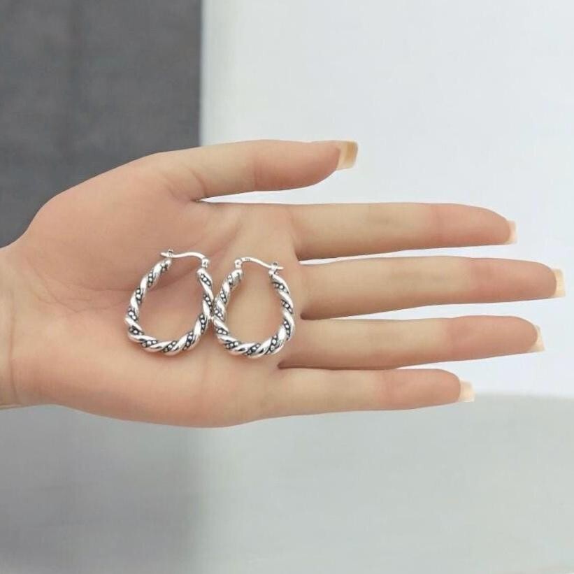 925 Silver - Light Weight Hoop Earrings, Twisted Dot Design Latch Back 1441