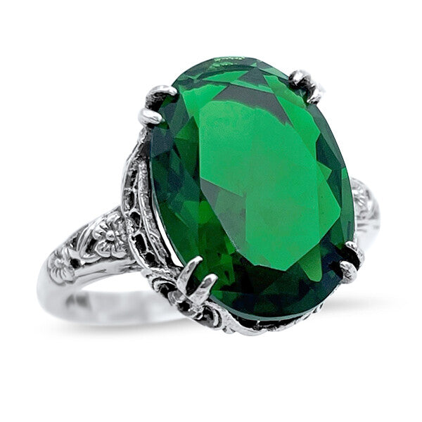 VIVID GREEN 925 STERLING SILVER VINTAGE ANTIQUE STYLE SIM EMERALD RING #1354