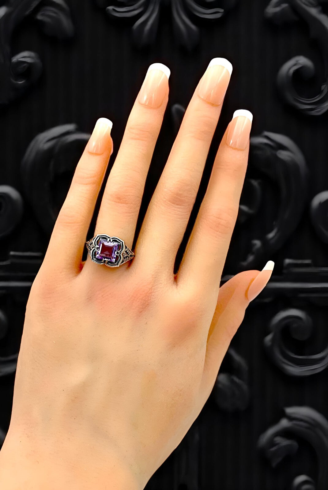 GENUINE AMETHYST ART DECO STYLE 925 STERLING SILVER FILIGREE RING #780