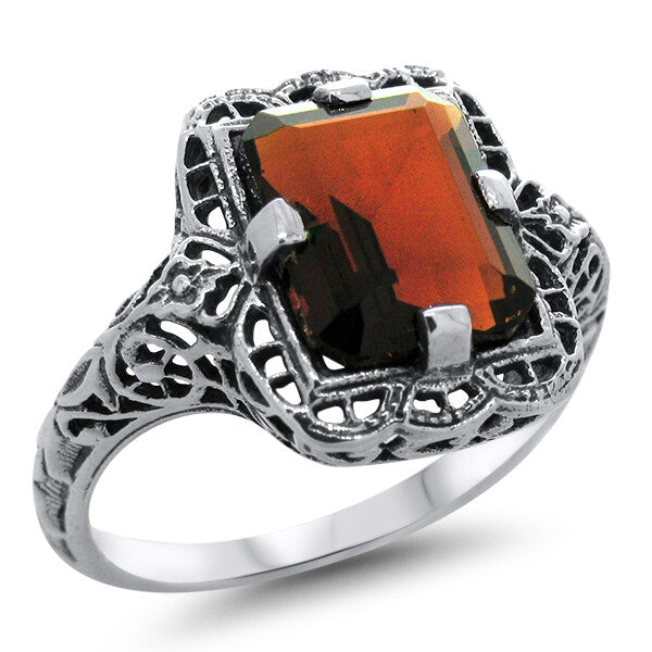 925 STERLING SILVER FILIGREE SIMULATED GARNET VINTAGE DESIGN RING #1312