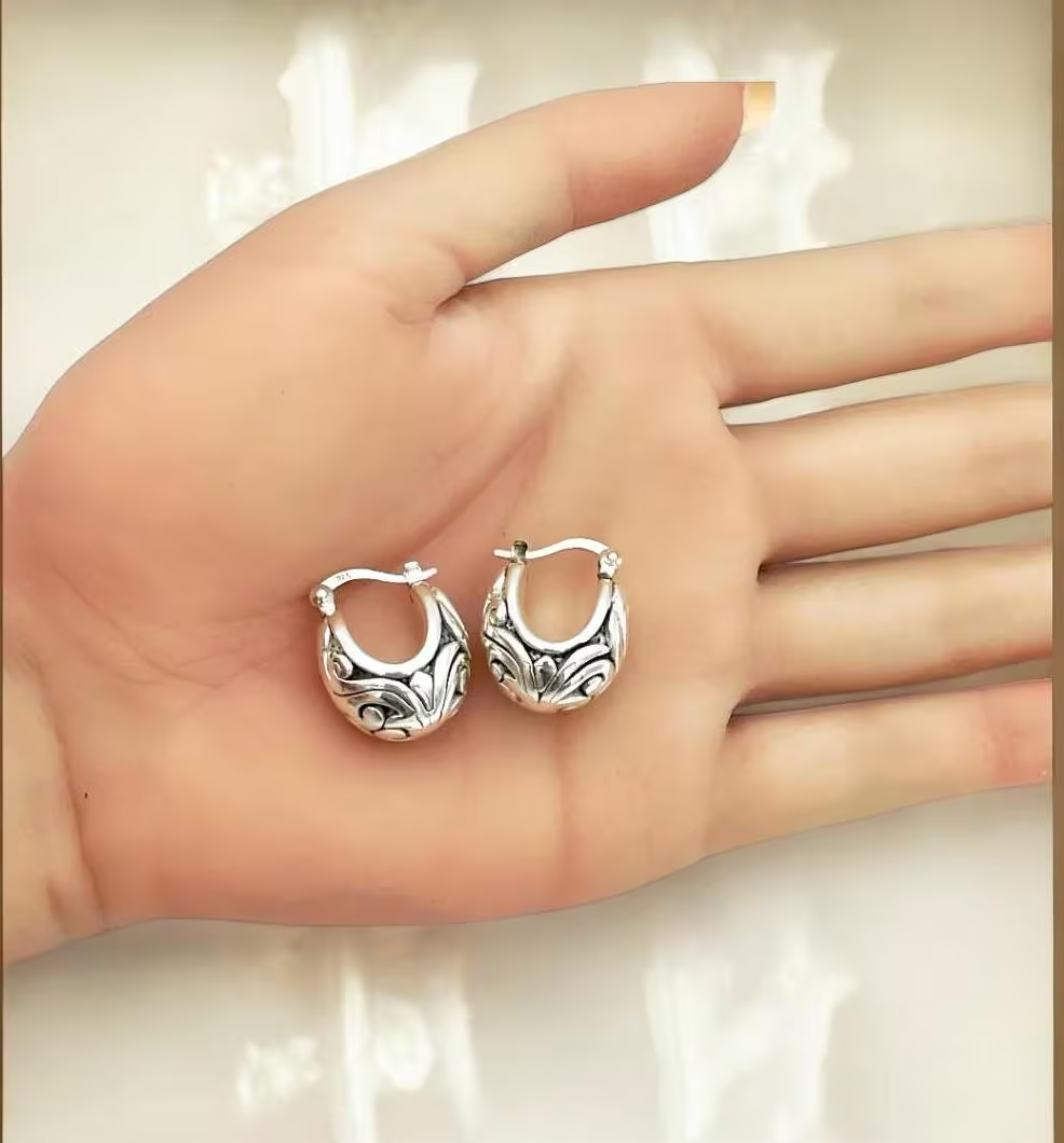 925 Sterling Silver Filigree Design Hoop Earrings, Lightweight Latch Back 1386