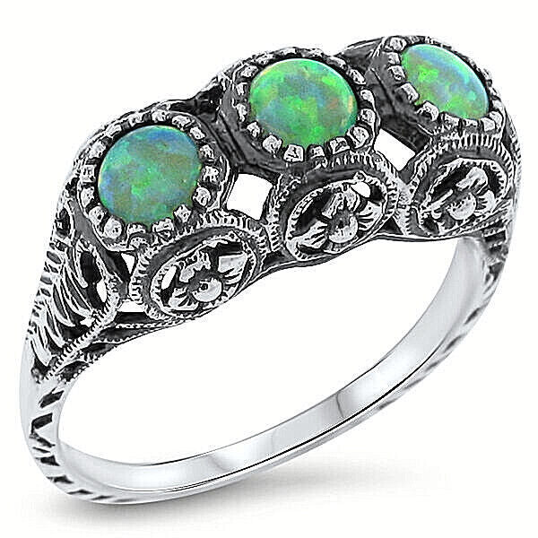3 STONE ANTIQUE STYLE 925 STERLING SILVER LAB-CREATED GREEN FIRE OPAL RING #415
