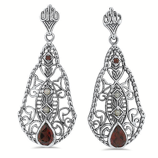 VINTAGE STYLE GENUINE GARNET & PEARL 925 STERLING SILVER EARRINGS #660