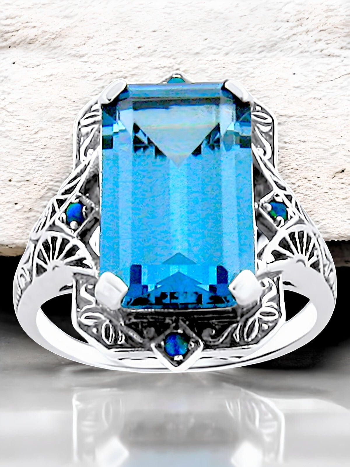 VINTAGE STYLE 925 STERLING SILVER 6 Ct SIMULATED AQUAMARINE OPAL RING #309