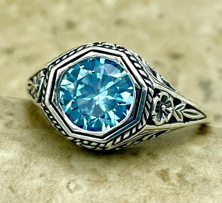 VINTAGE STYLE SOLITAIRE 925 STERLING SILVER AQUAMARINE CZ FILIGREE RING #1229