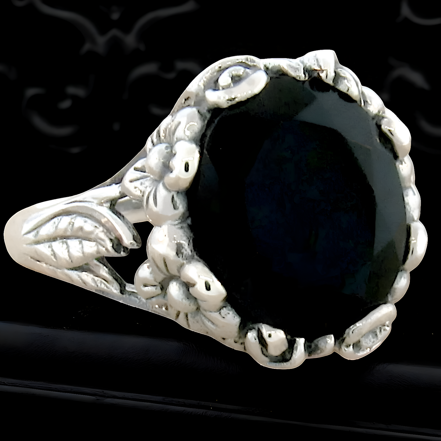 4 CARAT BLACK AGATE ART NOUVEAU STYLE 925 SOLID STERLING SILVER FLOWER RING 333