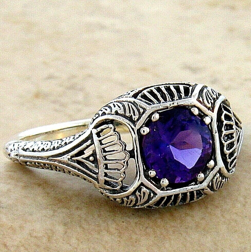 GENUINE AMETHYST 925 STERLING SILVER DECO ANTIQUE STYLE FILIGREE RING #299