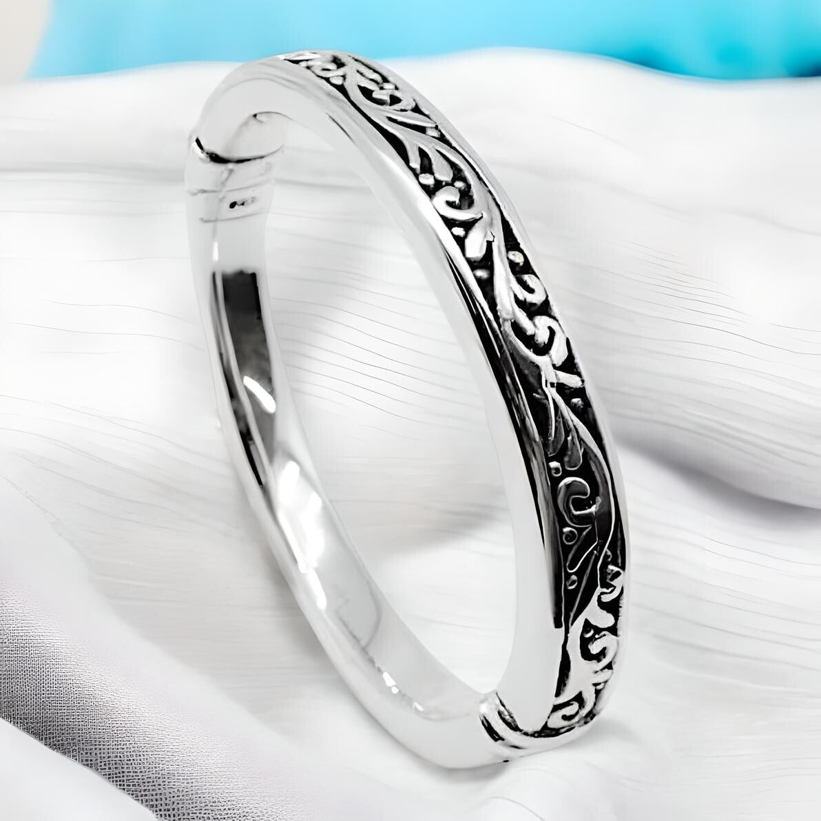 925 Sterling Silver Filigree 6.75" Hinged Bangle Bracelet, Lightweight 1273