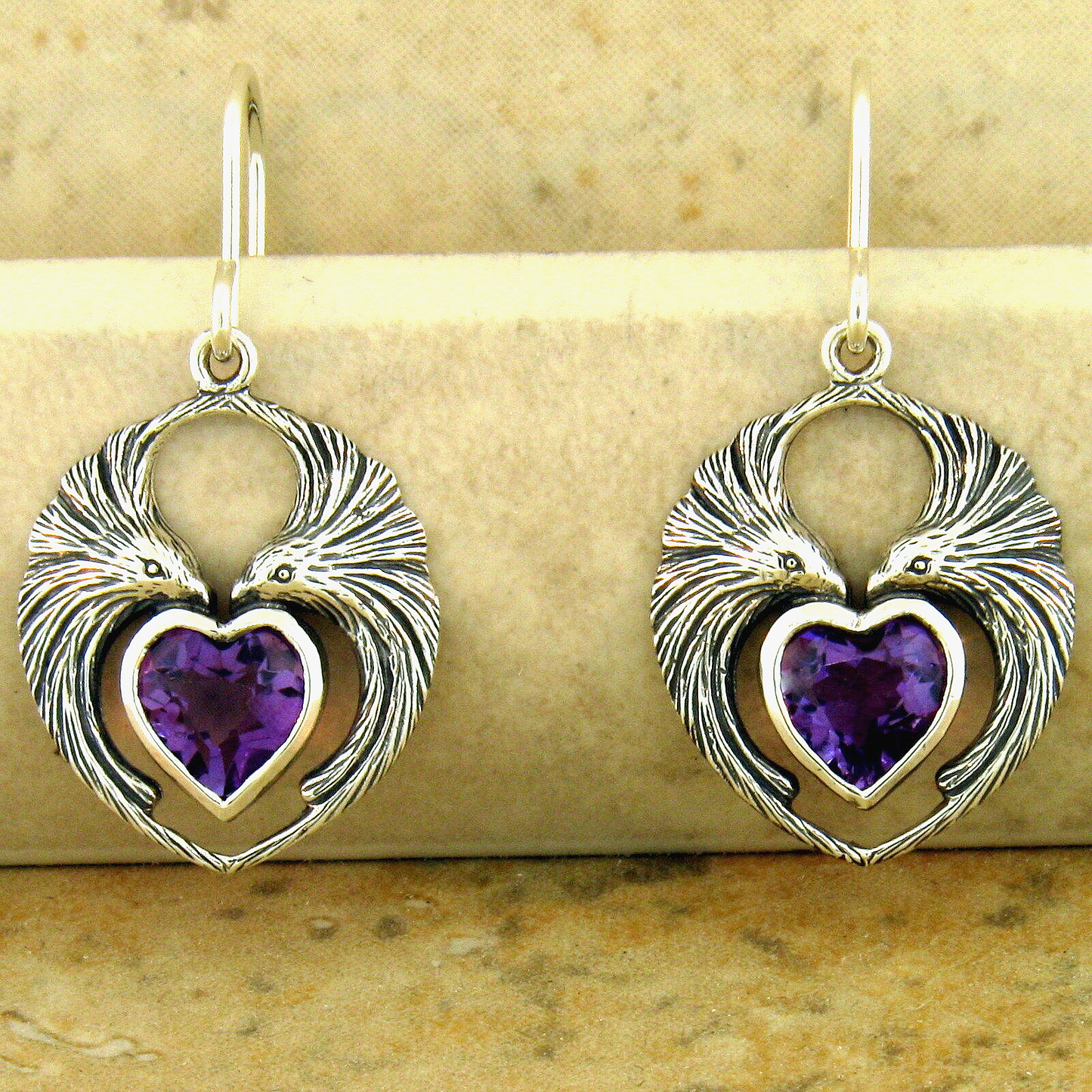 GENUINE AMETHYST 925 STERLING SILVER VICTORIAN STYLE LOVE BIRD EARRINGS #944