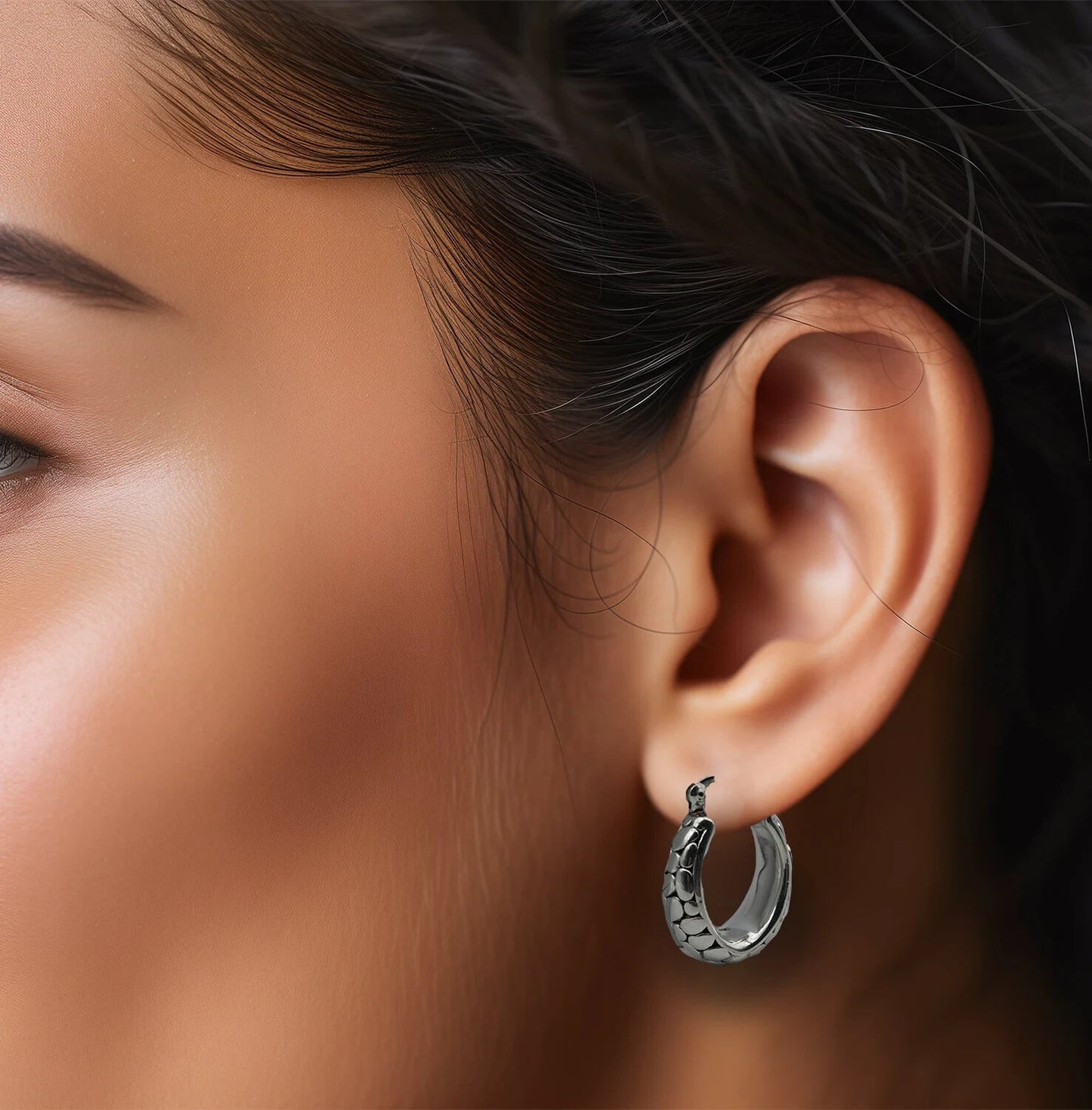 925 Sterling Silver Latchback Hoops, Lightweight Oval Dot Pattern Earrings 1262