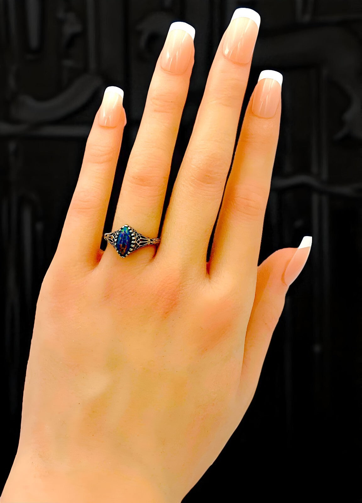 VINTAGE STYLE 925 STERLING SILVER LAB-CREATED BLACK OPAL FILIGREE RING #744