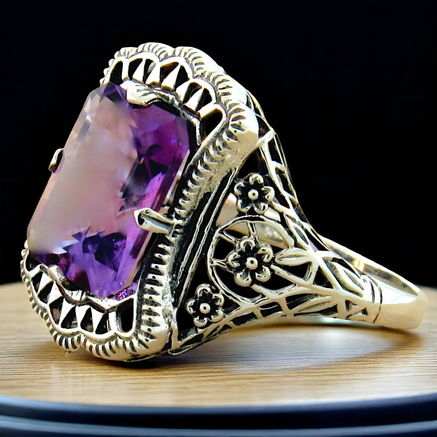 GENUINE AMETHYST 925 STERLING SILVER NOUVEAU ANTIQUE STYLE FILIGREE RING 964
