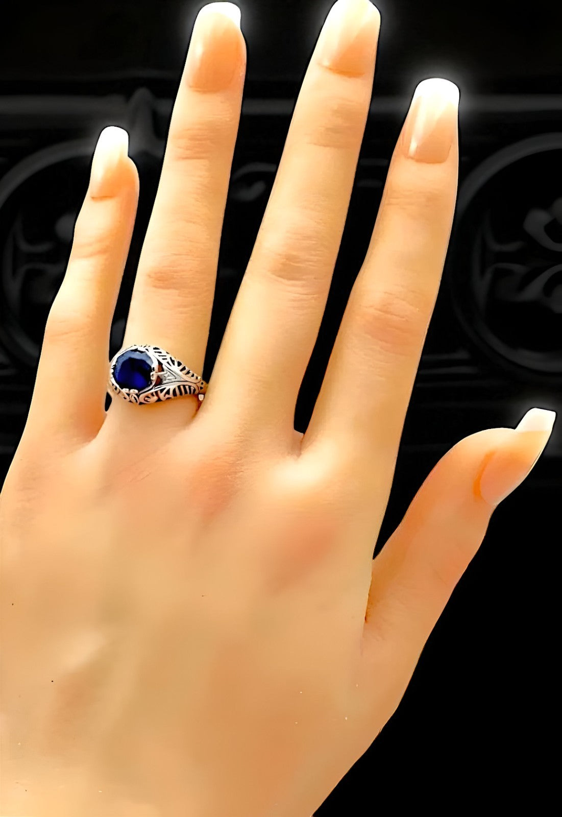 VINTAGE STYLE ROYAL BLUE SIMULATED SAPPHIRE 925 SOLID STERLING SILVER RING 1776