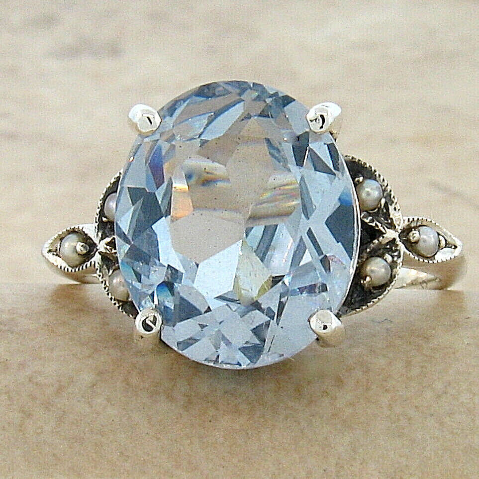 VICTORIAN STYLE 925 STERLING SILVER SIMULATED 5.5 CT AQUAMARINE PEARL RING #198