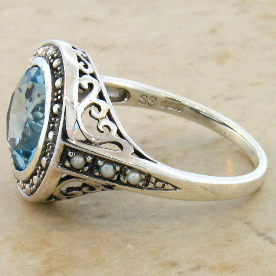 3 Ct GENUINE BLUE TOPAZ & PEARL 925 STERLING SILVER VICTORIAN STYLE RING #511