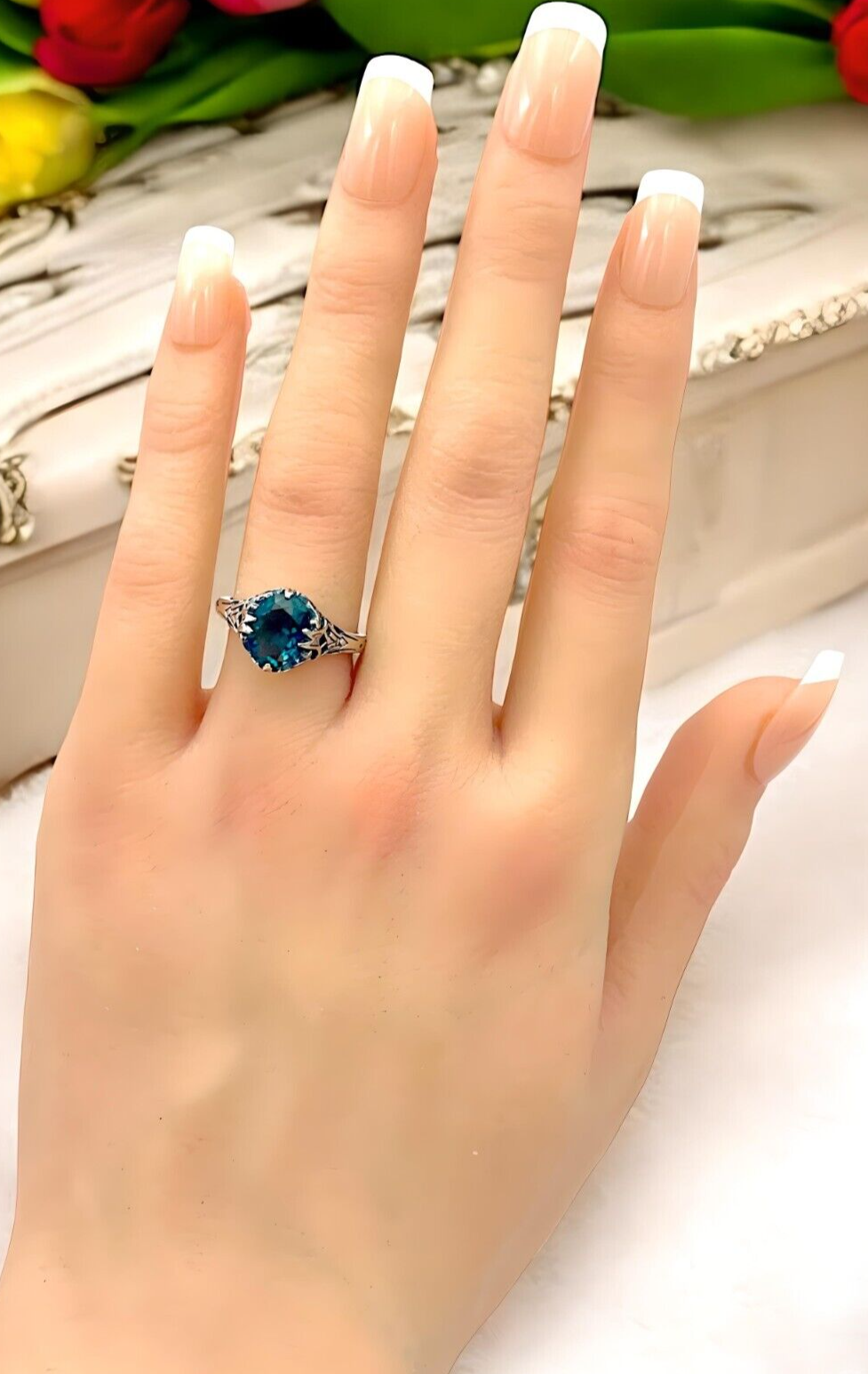 925 SOLID STERLING SILVER LONDON BLUE SIMULATED TOPAZ VINTAGE DESIGN RING 1370