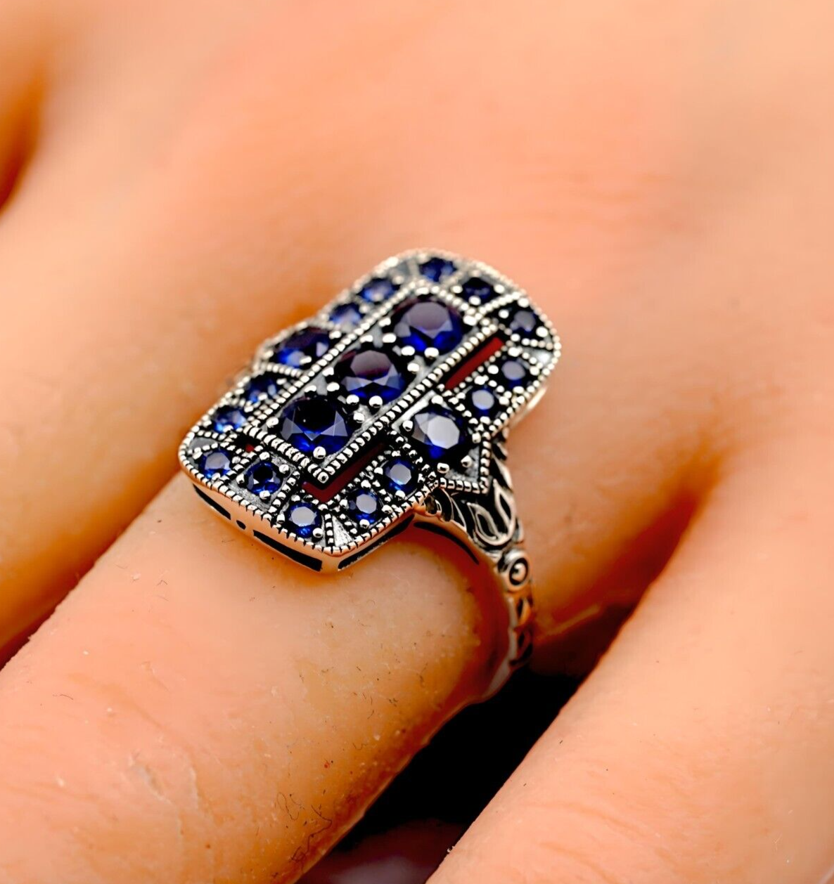 VINTAGE STYLE ROYAL BLUE SIMULATED SAPPHIRE 925 SOLID STERLING SILVER RING 1754