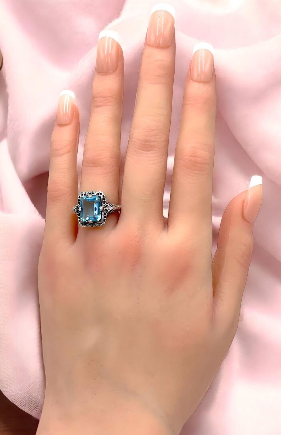 925 SOLID STERLING SILVER FILIGREE RING ANTIQUE STYLE SIMULATED AQUAMARINE 1237